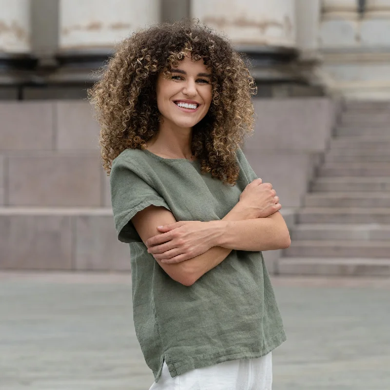 Linen T-Shirt Top Emma Stone Green-- Ribbed Striped Patterned