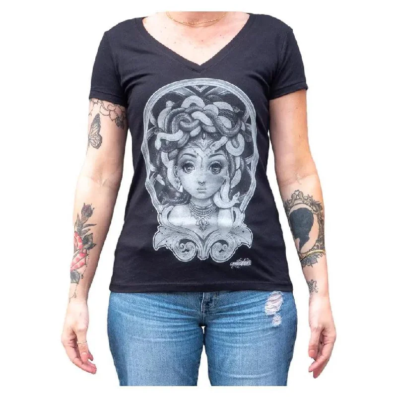 Black Market Art Company Lil Medusa - Women's Loose Neck T-Shirt-- Collared Crew Neck Turtle Neck Black Market Art Company Lil Medusa - Women's Loose Neck T-Shirt-- Collared Crew Neck Turtle Neck