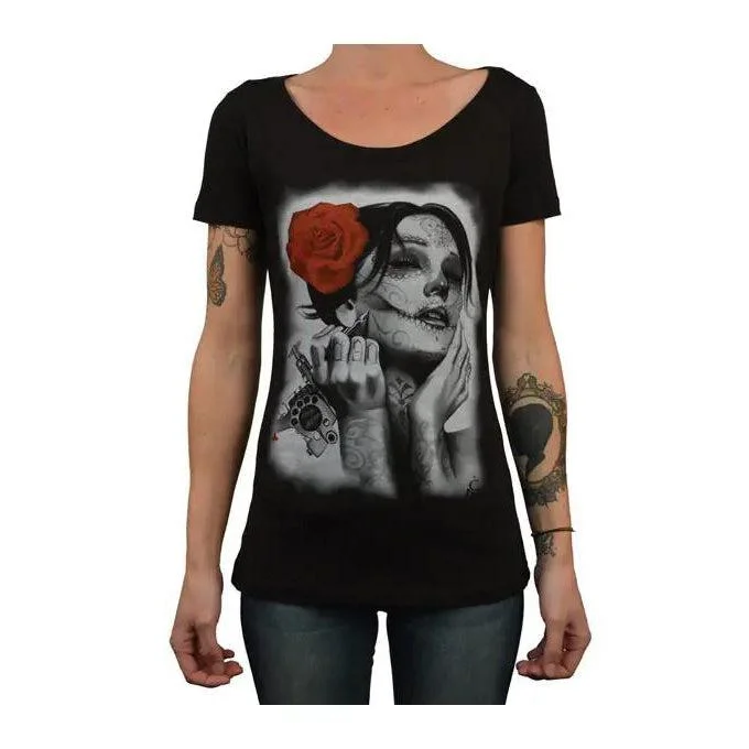 Black Market Art Company Dead Queen - Women's Scoop Neck T-Shirt-- Hooded Caped Shawl Collar Black Market Art Company Dead Queen - Women's Scoop Neck T-Shirt-- Hooded Caped Shawl Collar