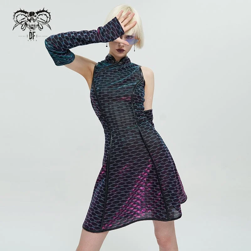 Women's Grunge Cheongsam Collar Scaly Printed Dress with Oversleeves A-Line Day Work Women's Grunge Cheongsam Collar Scaly Printed Dress with Oversleeves A-Line Day Work