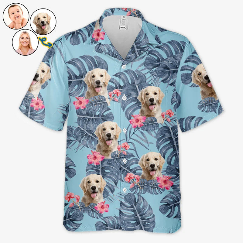 Tropical Leaves And Pet - Dog & Cat Personalized Custom Unisex Hawaiian Shirt - Upload Image, Dog Face, Cat Face - Summer Vacation Gift, Gift For Pet Owners, Pet Lovers