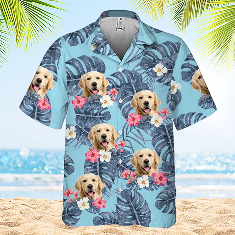 Tropical Leaves And Pet - Dog & Cat Personalized Custom Unisex Hawaiian Shirt - Upload Image, Dog Face, Cat Face - Summer Vacation Gift, Gift For Pet Owners, Pet Lovers