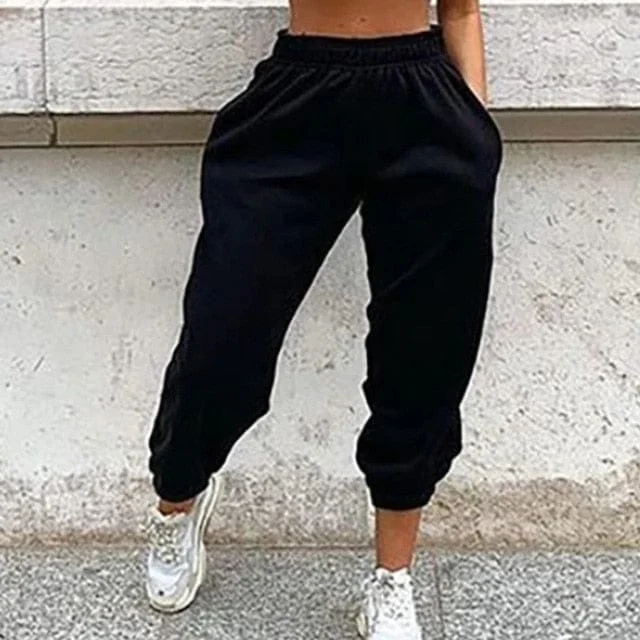 Women's Casual Black Elastic Waist Pocket Wide Leg Pants