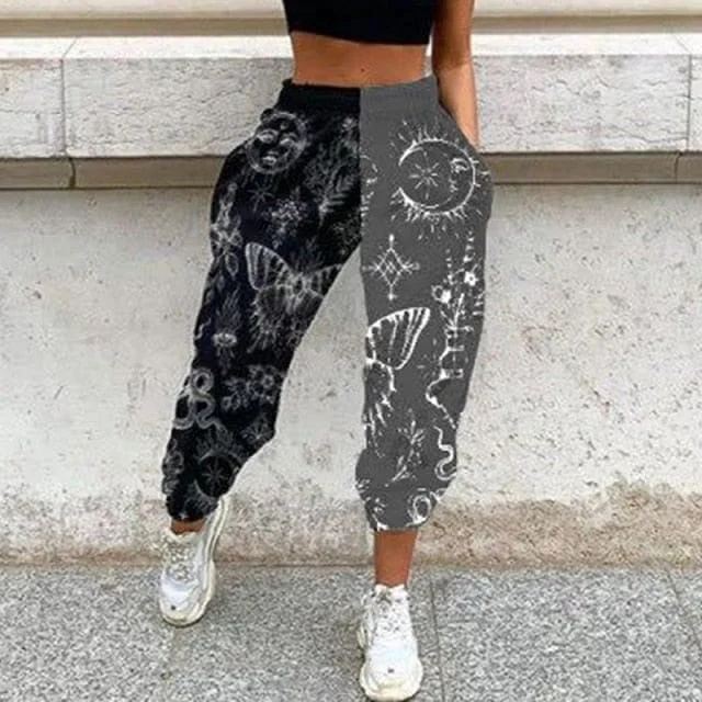 Women's Casual Black & Gray Print Elastic Waist Pocket Wide Leg Pants