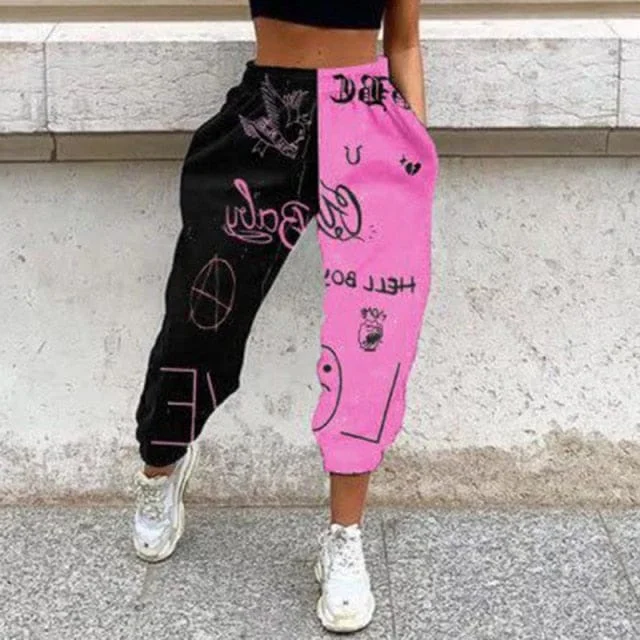 Women's Casual Black & Pink Letter Print Elastic Waist Pocket Wide Leg Pants