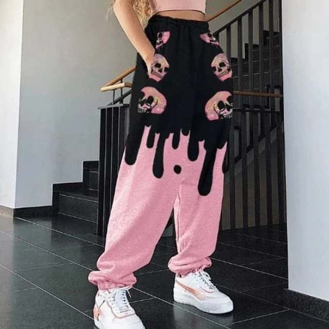 Women's Casual Black Pink Skull Print Elastic Waist Pocket Wide Leg Pants