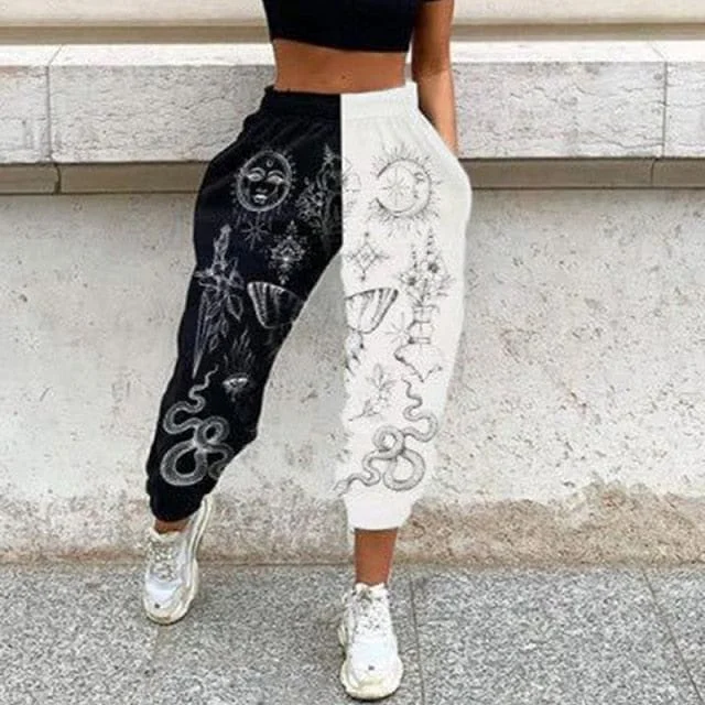 Women's Casual Black & White Print Elastic Waist Pocket Wide Leg Pants