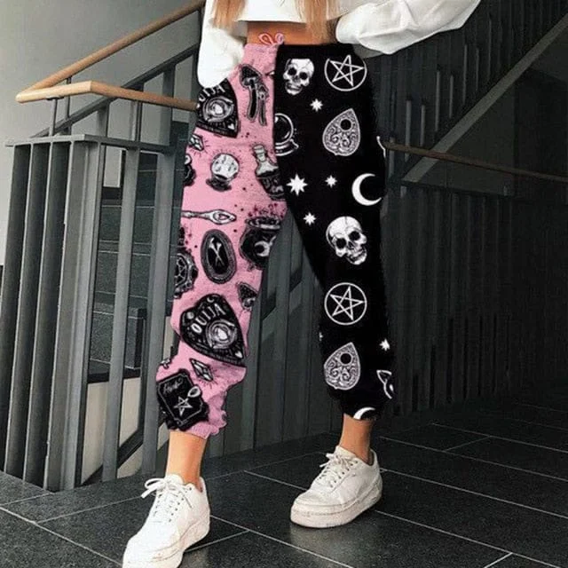 Women's Casual Pink & Black Skull Print Elastic Waist Pocket Wide Leg Pants