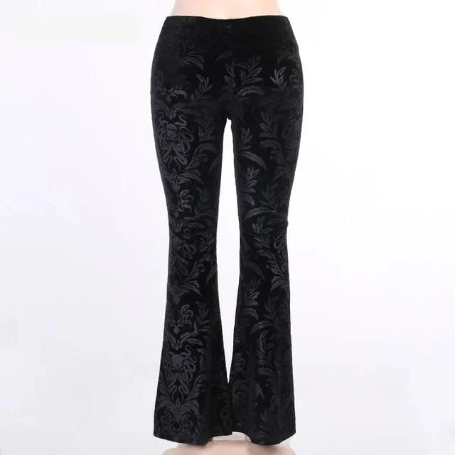 Women's Floral Scratched Velvet High Waist Flare Pants