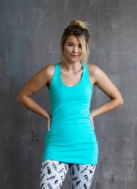 Faith Strappy Woven Back Long Yoga Tank Top in Turquoise