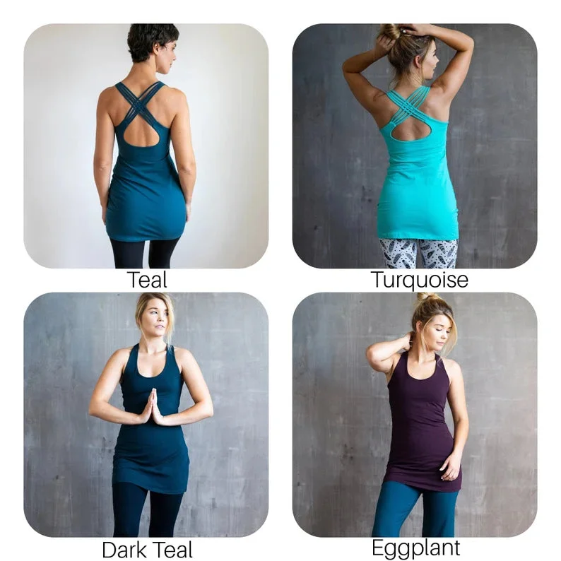 Faith Strappy Yoga Long Tank Top with Built in Bra in Dark Teal