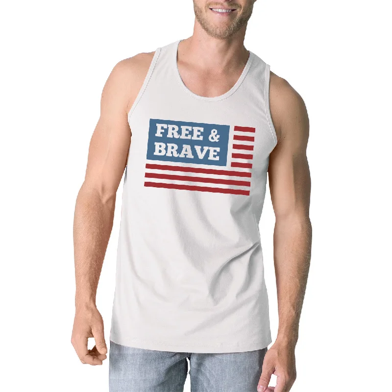 Free & Brave Us Flag Mens White Funny Graphic Tanks Crewneck Line