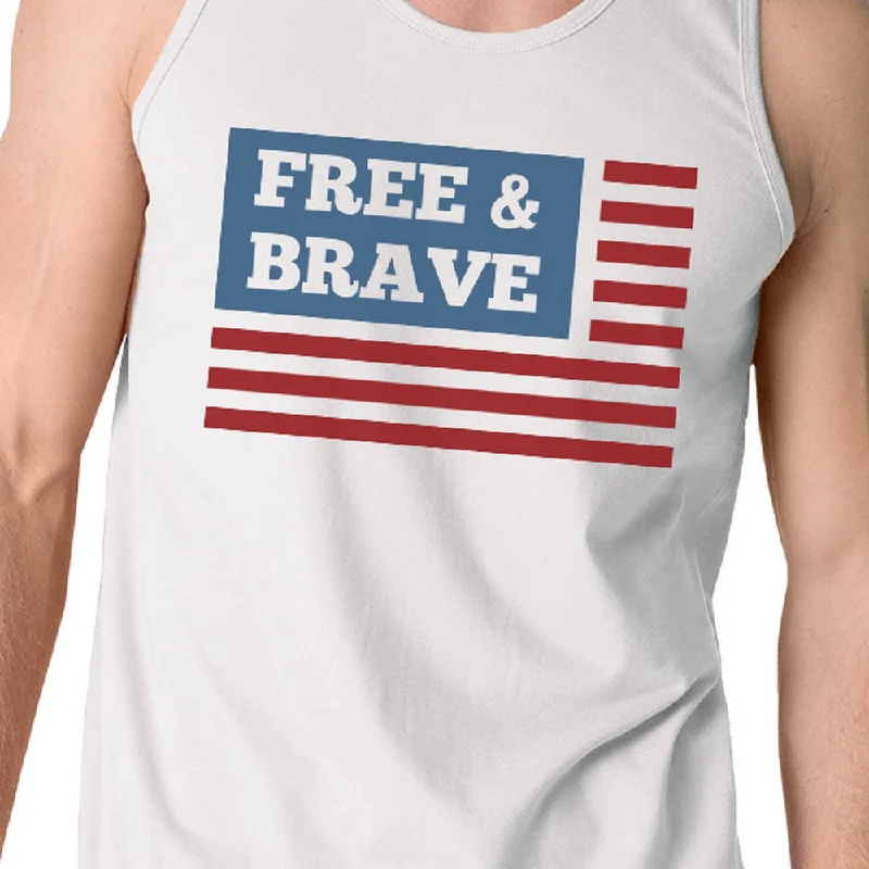 Free & Brave Us Flag Mens White Funny Graphic Tanks Crewneck Line