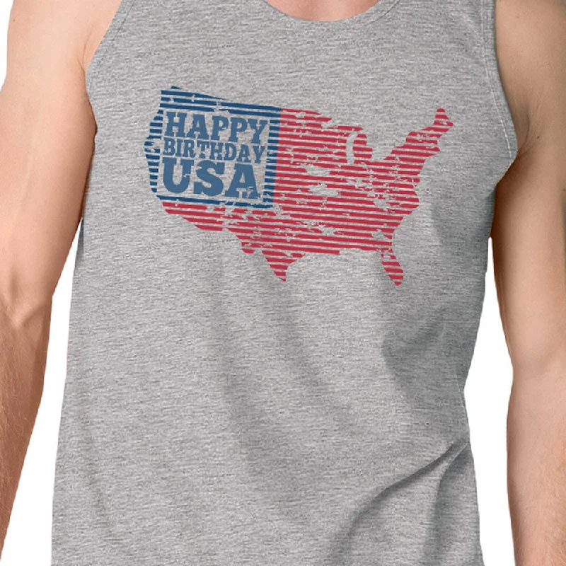 Happy Birthday USA Mens Gray Sleeveless Tshirt Funny 4 Of July Tee