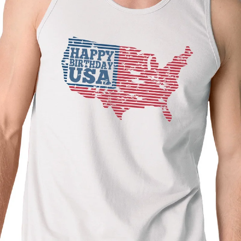 Happy Birthday USA Mens White Sleeveless Tshirt Funny 4 Of July Tee