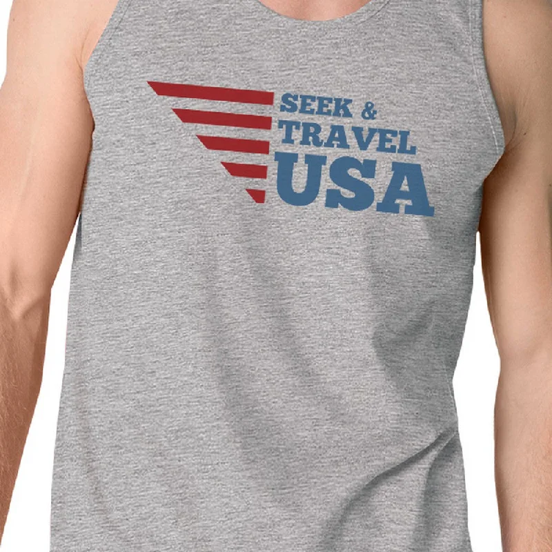 Seek & Travel USA Mens Gray Sleeveless Tee Shirt Round Neck Tanks