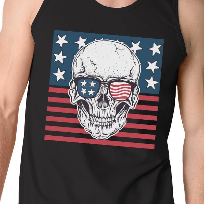 Skull American Flag Mens Black Tank Top Crewneck Line Cotton Tee