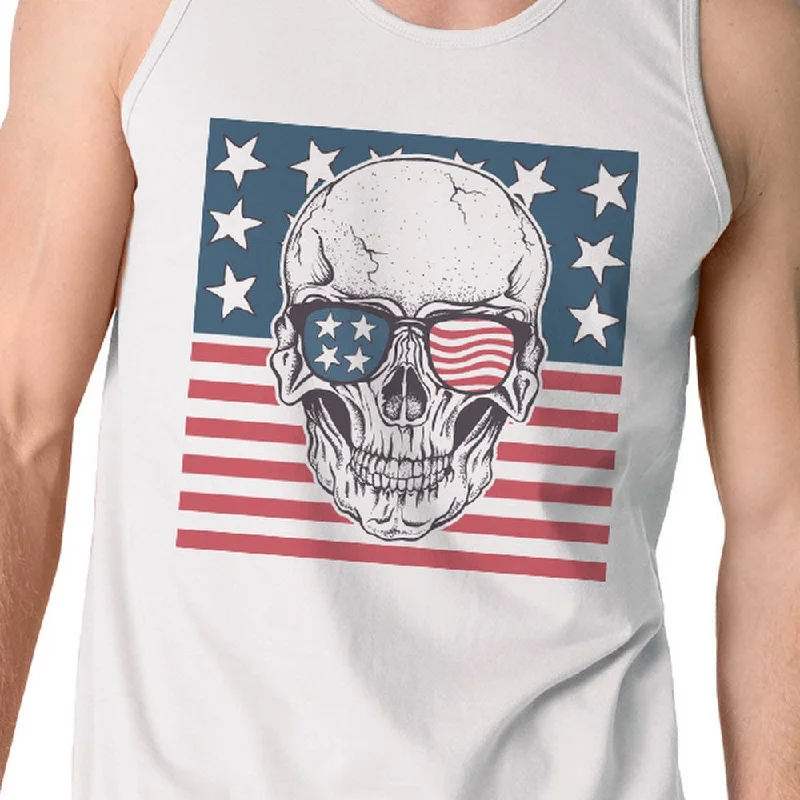 Skull American Flag Mens White Tank Top Crewneck Line Cotton Tee