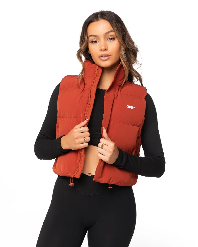 Cropped Puffer Vest - Burnt Red