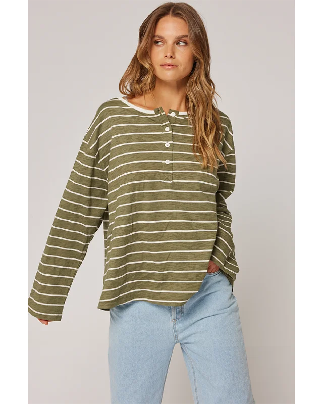 Cartel & Willow Henley Long Sleeve - Khaki Stripe