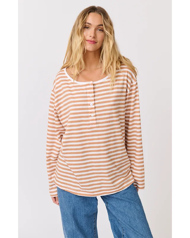 Cartel & Willow Henley Long Sleeve - Toffee Stripe