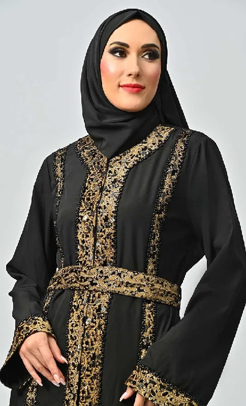 Arabic Moroccan Style Abaya With Hand Embroidery And Lace Detailing