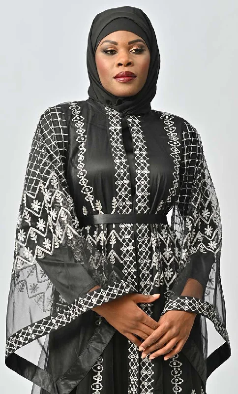 Black Aari And Hand Work Embellished Abaya Designer Dress With Matching Hijab