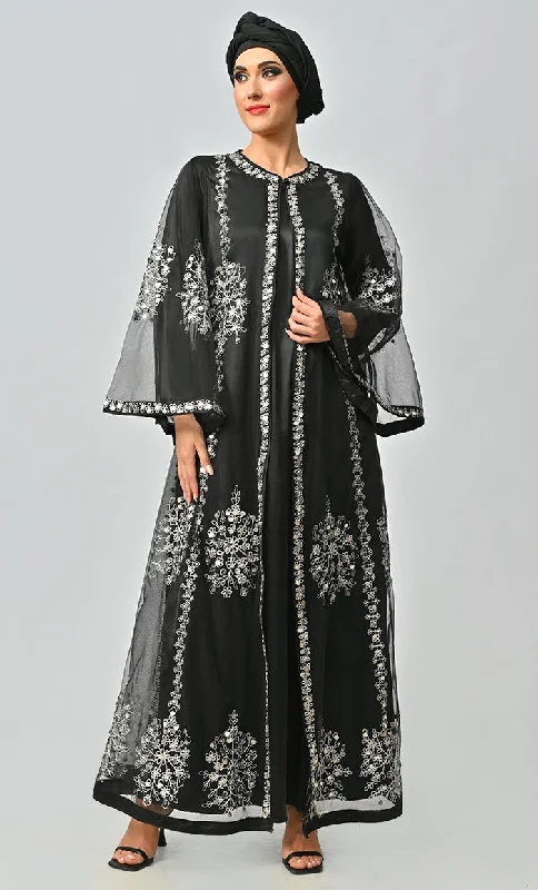 Black All Over Silver Aari And Hand Work Embellished Abaya Designer Dress With Matching Hijab