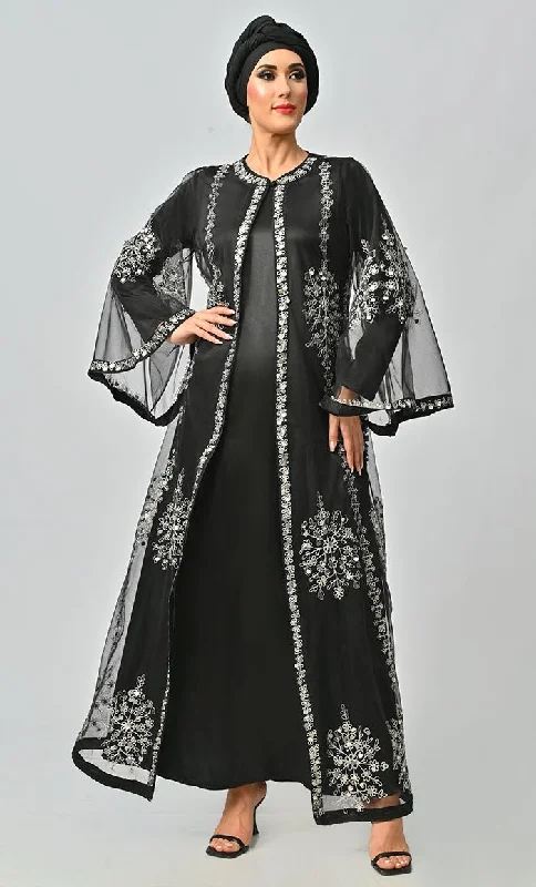 Black All Over Silver Aari And Hand Work Embellished Abaya Designer Dress With Matching Hijab