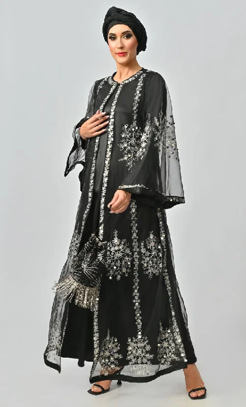 Black All Over Silver Aari And Hand Work Embellished Abaya Designer Dress With Matching Hijab