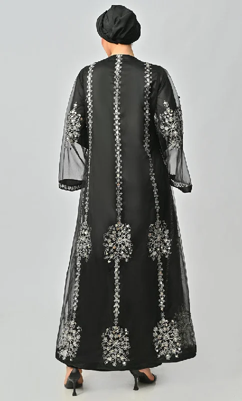 Black All Over Silver Aari And Hand Work Embellished Abaya Designer Dress With Matching Hijab