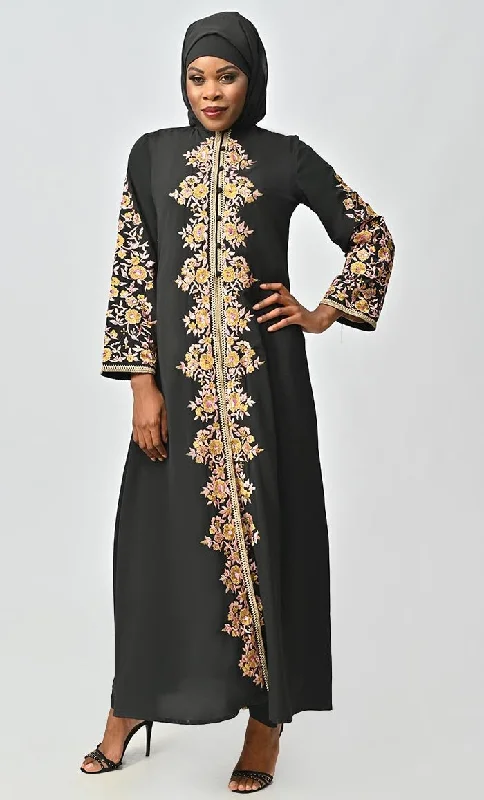 Black Islamic Designer Nida Machine And Hand Embroidered Abaya