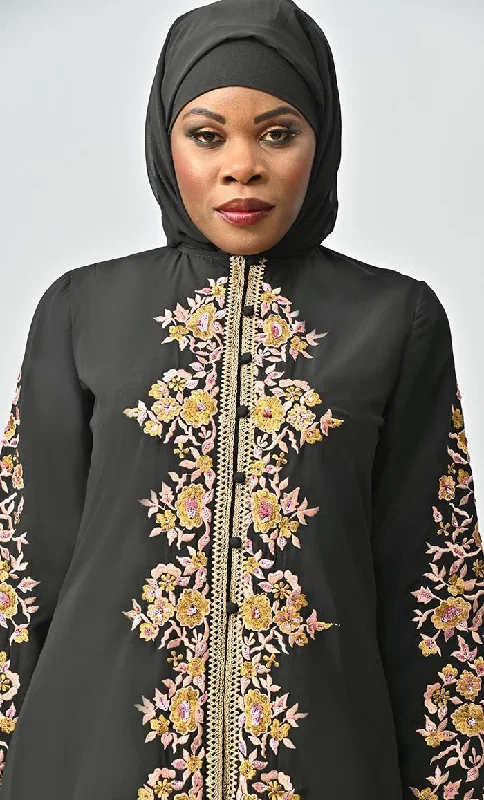 Black Islamic Designer Nida Machine And Hand Embroidered Abaya