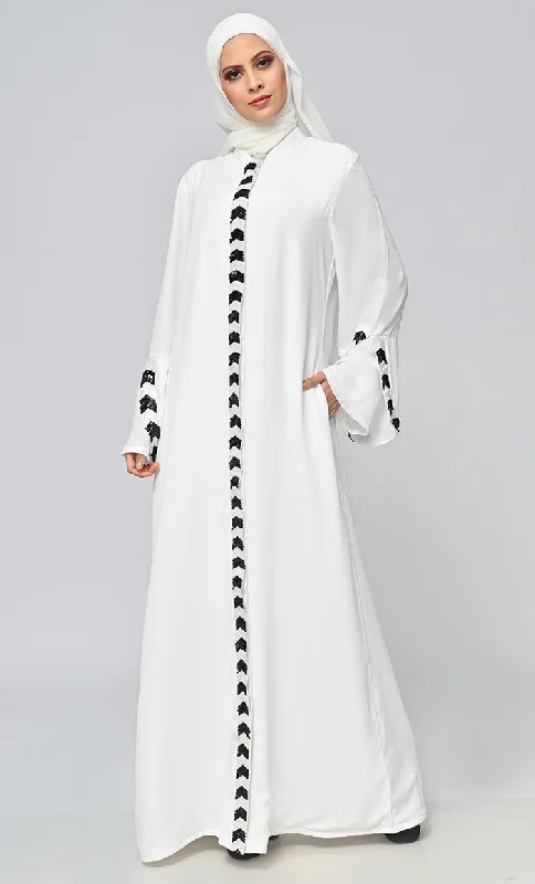 White Islamic Sequins Detailing Abaya