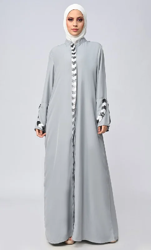 Grey Islamic Sequins Detailing Abaya