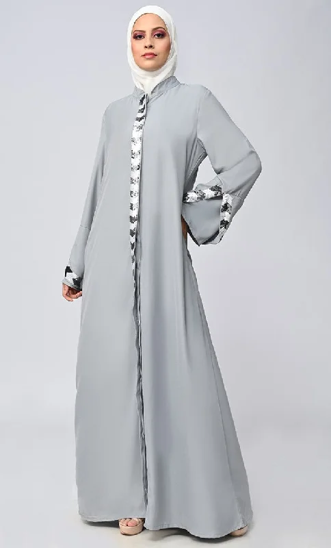 Grey Islamic Sequins Detailing Abaya