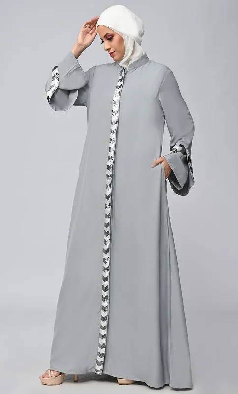 Grey Islamic Sequins Detailing Abaya