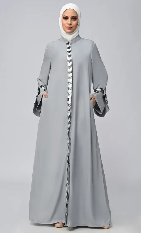 Grey Islamic Sequins Detailing Abaya