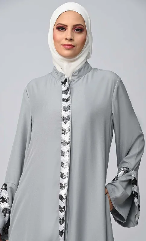 Grey Islamic Sequins Detailing Abaya