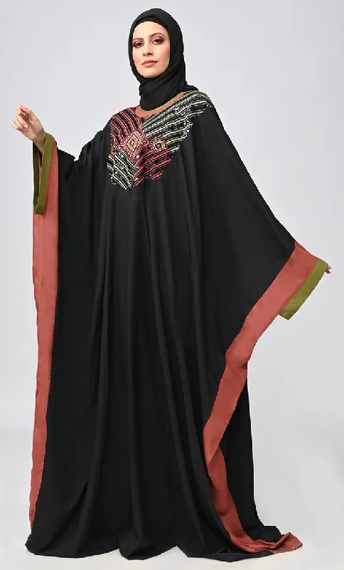 Black Islamic Sequins Detailing Kaftan Style Abaya