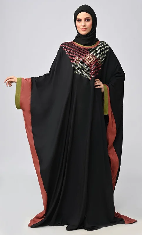 Black Islamic Sequins Detailing Kaftan Style Abaya