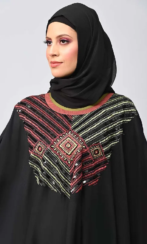 Black Islamic Sequins Detailing Kaftan Style Abaya