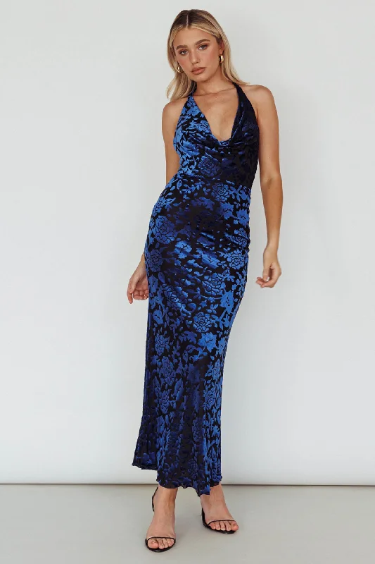 Byzantine Cowl Halterneck Midi Dress Floral Midnight Blue