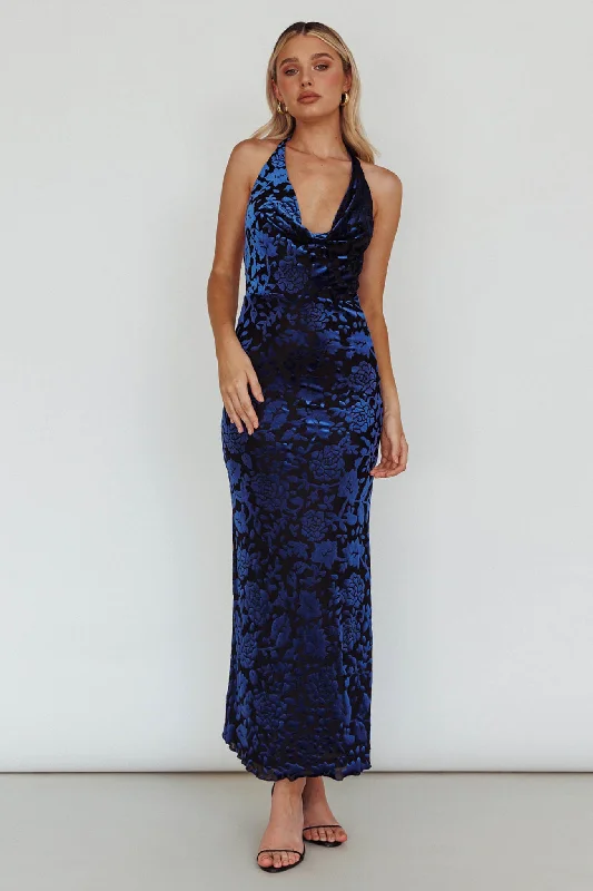 Byzantine Cowl Halterneck Midi Dress Floral Midnight Blue