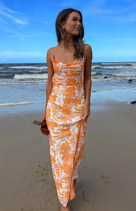 Cambri Orange Floral Chiffon Maxi Dress