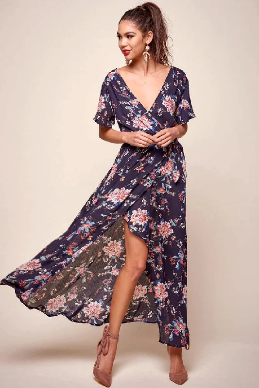 Cheri Floral Wrap Maxi Dress Navy