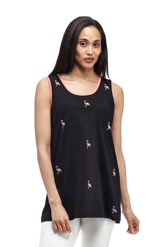 Cotton Knit Tank with Flamingo Embroidery