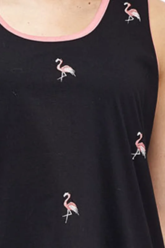 Cotton Knit Tank with Flamingo Embroidery