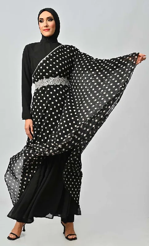 Elegant One Side Flared Printed Georgette Abaya With Embroidered Belt