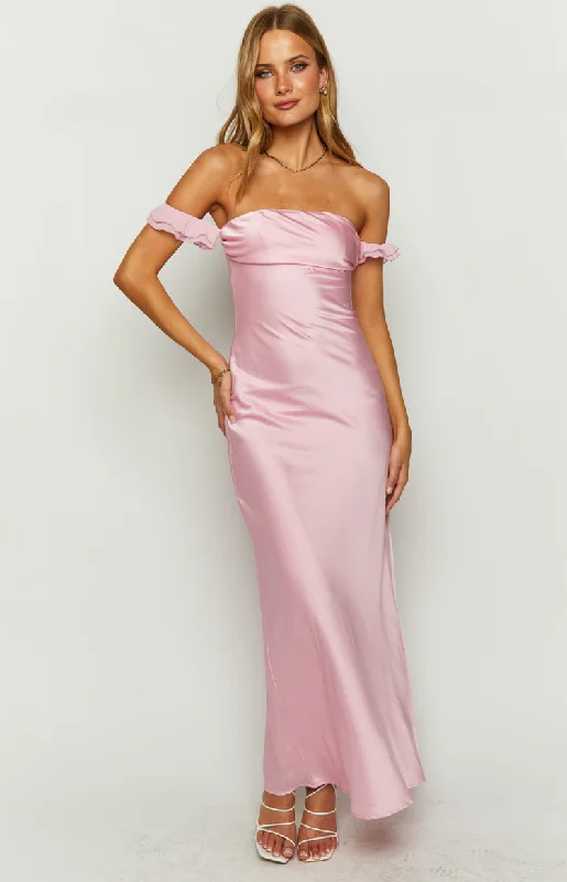 Elvira Pink Satin Formal Maxi Dress